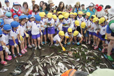 海辺の地引き網体験で魚を捕獲