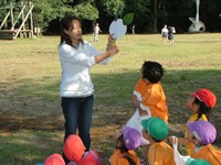 手賀の丘少年自然の家での造形活動の一コマ。森で拾った枝葉や石で影絵のモチーフを作る。(千葉県・健伸幼稚園で)